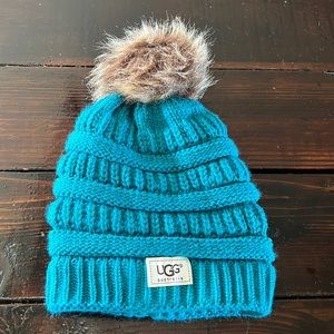 Ugg Knit Ribbed Cable Beanie Hat, Faux
Fur Pom, Fleece Lined, Teal Green